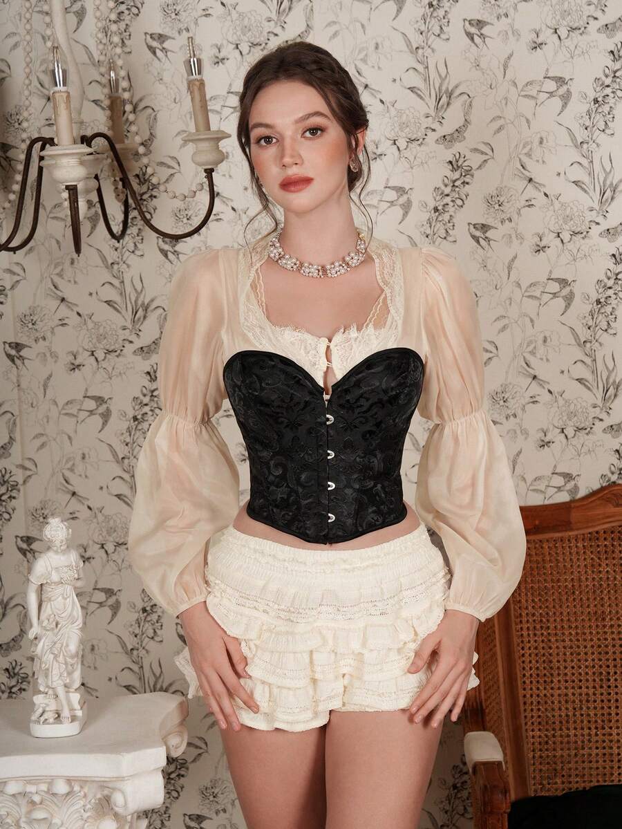 Myrelith 1 pieza Top ajustado sin tirantes de jacquard elegante - Negro - Ver 1