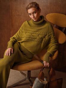 MOTF PREMIUM WOMEN SOLID HIGH NECK RAGLAN SLEEVE CABLE KNIT SWEATER & SPLIT HEM KNIT SKIRT SET - Green - View 9