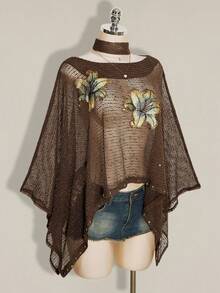 SHEIN ICON 女款度假風性感花卉刺繡棕色鏤空針織上衣 - 棕色 - 查看 3