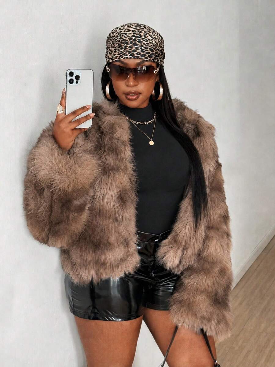 Maweii Women's Fashion French Elegant Old Money Style Luxury Light Brown Tie-Dye Round Neck Short Long Sleeve Faux Fur Coat For Work, Outing, Party, Holiday, Winter, Plus Size - Brown - View 1