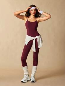 VARSIVA Jumpsuit Camisole Olahraga Kasual Warna Polos untuk Wanita, Cocok untuk Pakaian Sehari-hari - Burgundy - View 6