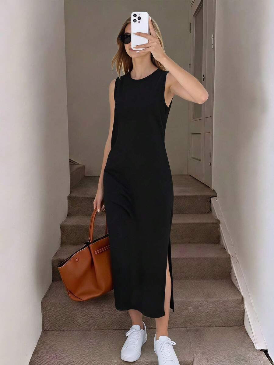 Teenager Mädchen Lässig All-Match Vielseitig Tägliches Tanktop Rundhals Langes Kleid Locker Gestrickt Einfarbig Minimalistisch Gestrickt Ärmellos - Schwarz - Übersicht 1