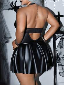 AltCore 1pc Plus Size Fashion Pioneer Sexy Punk Mesh & PU Leather Patchwork Bodycon Dress - Black - View 2