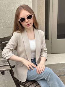 SHEIN Tween Girl Elegant Casual Style Blue & White Striped Linen Blazer, Featuring Shawl Collar, Pleated Design And 3/4 Sleeves, Suitable For Spring/Autumn Daily Wear - Khaki - View 1
