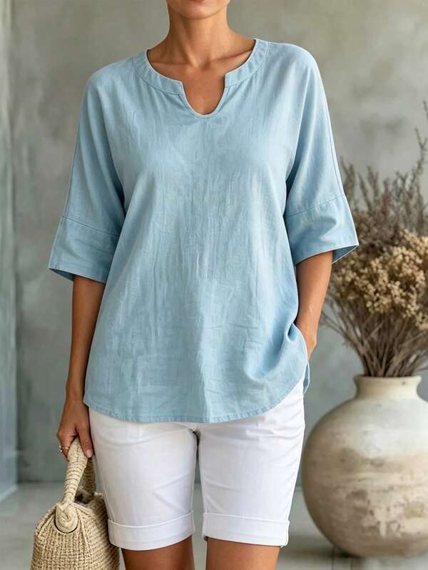 SHEIN Women's Solid Color 3/4 Sleeve Small V-Neck Casual Vacation Shirt Summer