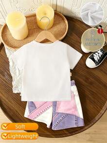 2件組女童休閒白色可愛夏季校園套裝，愛心圖案短袖T恤 - 彩色 - 查看 4