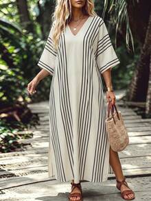 SHEIN LUNE CURVE Linhara CURVE 2026 SS 新款女款卡夫坦長袍，白色條紋 V 領蝙蝠袖中長版寬鬆保守大尺碼洋裝，適合日常穿著 - 杏色 - 查看 10