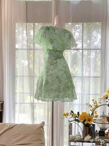 Celisse Semi-Transparent Ruffle Trim Collar Short Dress Digital Print - Aqua Green - View 2