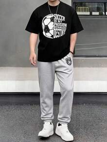 SHEIN 2件組青少年男孩休閒字母印花圓領套頭上衣套裝，適合夏季 - 彩色 - 查看 1