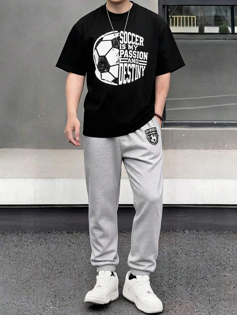 SHEIN 2件組青少年男孩休閒字母印花圓領套頭上衣套裝，適合夏季 - 彩色 - 查看 1