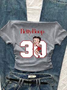 Attitoon Betty Boop x SHEIN 女款休閒抓皺腰方領 Betty 聯名修身短袖 T 恤，適合夏季，時尚 Y2K 風格 - 淺灰色 - 查看 2