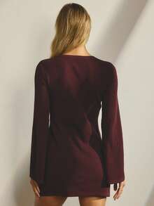 Aralina Women Ribbed Knit Dress Button Front Crew Neck Long Sleeve Slim Fit Casual Festival Vacation Fall Winter Going Out World Cup 2026 - Burgundy - View 2