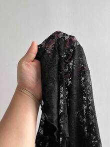 SHEIN PETITE 大码女士性感透视蕾丝长袖圆领休闲修身弹力上衣，春秋季 - 黑色 - 查看 6
