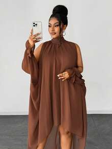 SHEIN CURVE+ Plus Size Solid Color Turtleneck Front Short Back Long Fashion Dress Fall - Brown - View 7