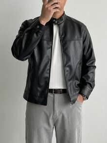 DAZY Men's Solid Black PU Jacket And Coat, Suitable For Spring And Autumn - Black - View 1
