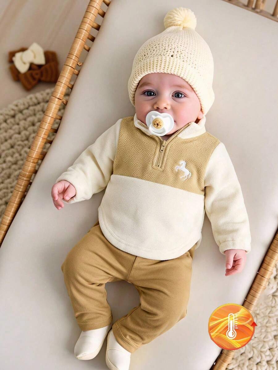 SHEIN Vintaside Kids 2件組新生兒男嬰/女嬰卡其色與杏色拼接小立領長袖拉鍊動物馬刺繡套頭上衣 + 鬆緊腰長褲,休閒復古極簡韓風保暖加厚抓絨內裡套裝,適合秋冬日常穿著、戶外與室內場合 - 米色 - 查看 1