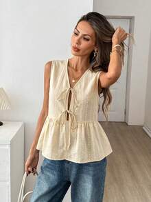Easowa 女款無袖前扣休閒簡約襯衫 - 杏色 - 查看 4