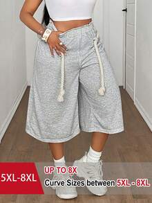 SHEIN CURVE+ Women's Plus-Size Summer Casual Sportswear Grey Sweatpants, Capri Design, White Chunky Rope Detailing, Suitable For Everyday Casual Wear, Versatile Item, Sportswear. - Grey - View 1