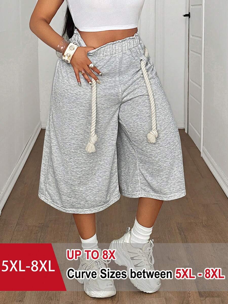 SHEIN CURVE+ Women's Plus-Size Summer Casual Sportswear Grey Sweatpants, Capri Design, White Chunky Rope Detailing, Suitable For Everyday Casual Wear, Versatile Item, Sportswear. - Grey - View 1