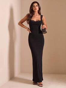 SHEIN BAE Spring/Summer Black Double Strap 2 In 1 Lace Trim Ribbed Fitted Bodycon Maxi Dress, Sexy Hot Girl Style For Dating And Daily Wear - Black - View 1