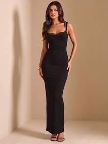 SHEIN BAE Spring/Summer Black Double Strap 2 In 1 Lace Trim Ribbed Fitted Bodycon Maxi Dress, Sexy Hot Girl Style For Dating And Daily Wear - Black - View 3