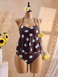 Bellisia Women's Polka Dot Ruffle Halter Tankini And Triangle Tankini Bottom Two-Piece Swimsuit Set - Brown - View 5