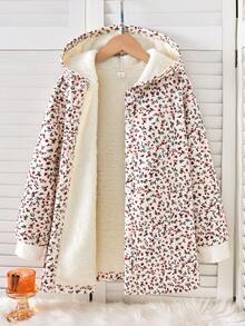 SHEIN Vintaside Kids 青少年女孩連帽厚抓絨復古花卉中長版外套，返校季秋冬休閒日常穿著 - 杏色 - 查看 4