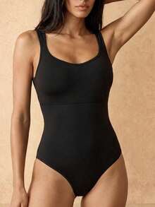 Silquee Bodysuit Pembentuk Tubuh Wanita Warna Polos dari Spandex dengan Bra Terintegrasi, Victoria Secret, Seksi untuk Kencan Malam, Pengontrol Perut untuk Kebugaran, Victor - Hitam - View 6
