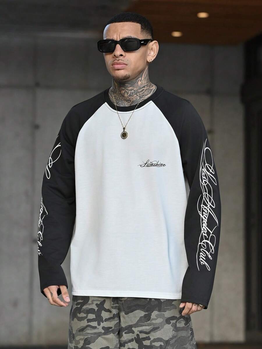 Devon Thys Men's Loose Fit Raglan Sleeve T-Shirt, Black & White Contrast, Handwritten English Print Graphic Long Sleeve Men Men's Long Sleeve T-Shirt Baseball Tee Men's Baseball Shirt Jersey Long Sleeve Old Money,Daily Leisure, Weekend Trips, Outdoor Activities, Travel Expeditions, Relaxed Work Environments Or Semi-Formal Occasions, Boyfriend/Husband Gift, Anniversary /Birthday Gift Party Summer Vacation Holiday New Years Wedding Valentine's Day - Black and White - View 1