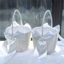 Floral Basket For The Bride At Wedding, Set Of 2 With Beautiful Pearl Handle And Satin Tulle, Suitable For Wedding Parties, Ivory Color - Pearl Bow Flower Basket - View 2