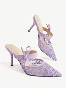 CUCCOO CHICEST Ladies Elegant Bow Flower Mesh Breathable Fashion Versatile Pointed Thin Heel High Heel Shoes Spring - Purple - View 4