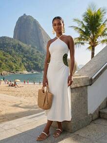 CAJUNI Vestido de vacaciones para mujer con bordado, calado, plisado, cuello halter y lazo en la cintura - Crema - Ver 5