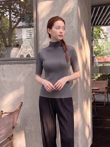 Zaforene Women's Striped Casual Minimalist Versatile Daily Wear Shirt Office Light Grey Summer - Light Grey - View 1