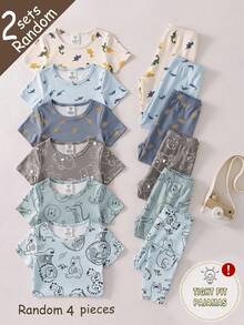 SHEIN 【6件套，随机发货2件套】男童紧身睡衣，春夏新品，时尚热销元素：恐龙、鲨鱼、狮子、大象、鳄鱼、考拉图案印花，针织弹力面料，短袖上衣和长裤两件套睡衣套装 - 彩色 - 查看 3