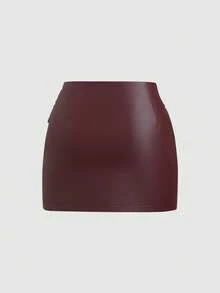 Sweetra Women's Summer Faux Leather Pleated Skirt With Metal Decor - Burgundy - View 2