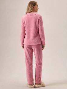 SHEIN Pink Fuzzy Plush Cute Rabbit Cartoon Embroidery Detail Round Neck Long Sleeved Shirt & Long Pants Homewear Comfort Cute Pajama Set - Pink - View 6