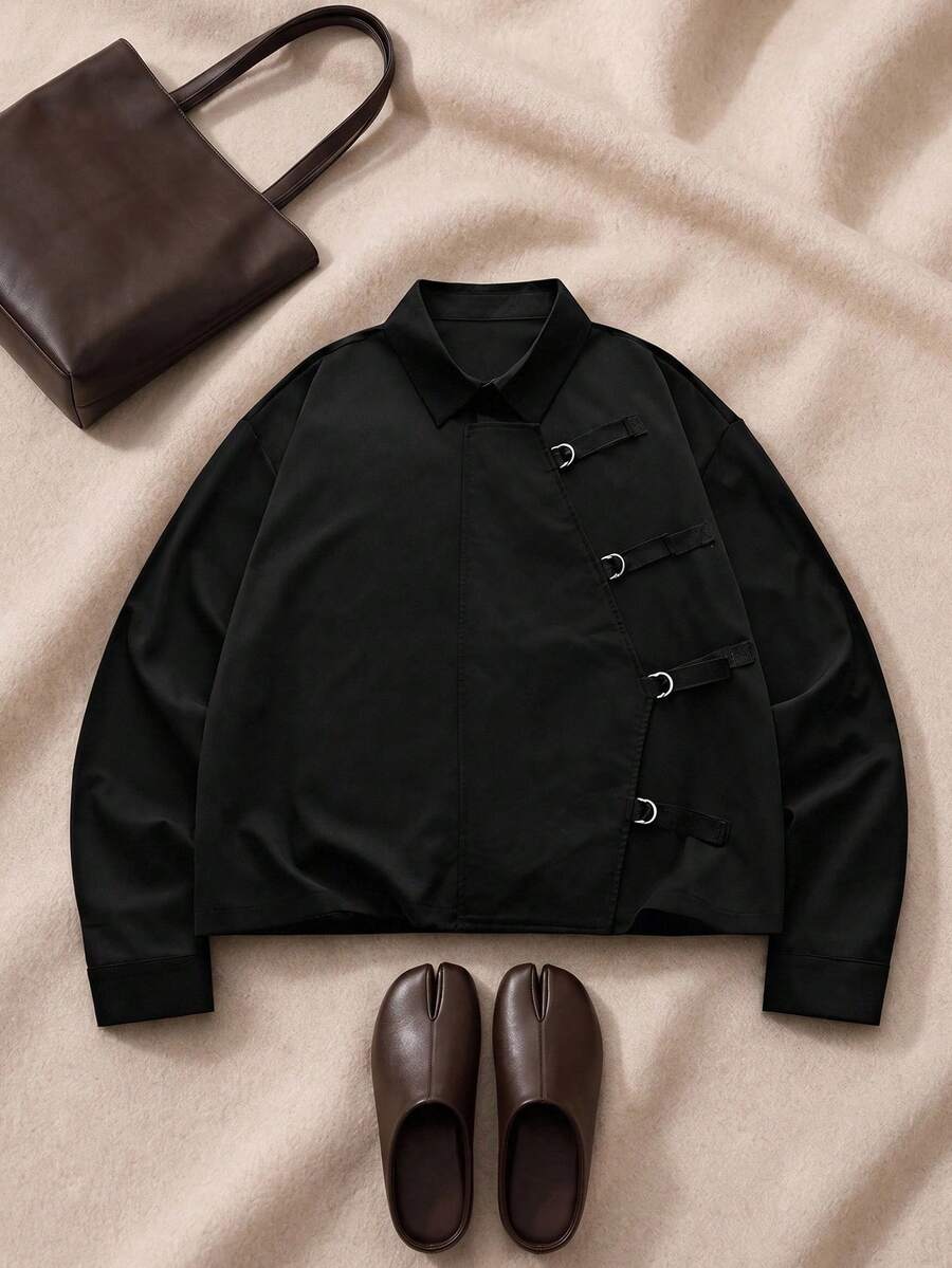 SIGLOCORE Men's Casual Versatile Solid Color Long Sleeve Shirt - Black - View 1