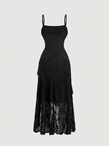 Skyraze Women's Elegant Ruched Waist Ruffle Hem Spaghetti Strap Dress - Black - View 5