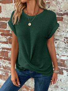 EMERY ROSE Women's Summer Solid Color Round Neck Batwing Sleeve Casual T-Shirt - Dark Green - View 6
