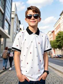 SHEIN Vacaura Tween Boys' Colorblock Print Short Sleeve Polo Shirt - White - View 1
