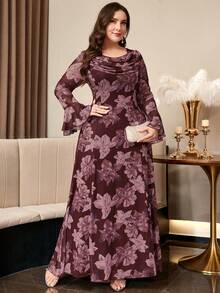 Reflora Plus Size Women's Floral Print Pleated Flare Sleeve Elegant Dress - Green - View 5