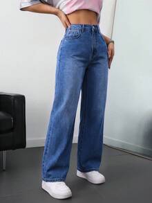 SHEIN EZwear 大尺碼女款休閒口袋直筒牛仔褲 正式校園大學風 淺藍色 夏季 - 深色水洗藍 - 查看 4