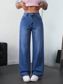 SHEIN EZwear 大尺碼女款休閒口袋直筒牛仔褲 正式校園大學風 淺藍色 夏季 - 深色水洗藍 - 查看 6