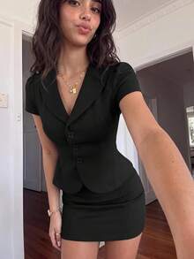 Sweetina Women's 2pcs Set Slim Fit V-Neck Lapel Shirt And Double-Breasted Skirt - Black - View 3