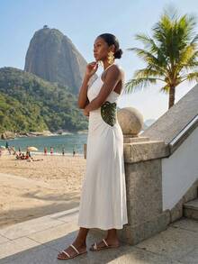 CAJUNI Vestido de vacaciones para mujer con bordado, calado, plisado, cuello halter y lazo en la cintura - Crema - Ver 6