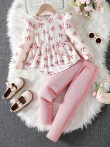 SHEIN Small Flutter Sleeve Printed Bow-Knot Ribbed Asymmetrical Hem Top Paired With Pink Solid Pants, Fashionable Cute Comfortable, Suitable For Outings And Spring/Summer/Autumn - Multicolor - View 7