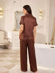 LuxeNights Women's Faux Silk Jacquard Lace Trim Open Front Lapel Pajama Set Sleep Home Brown Striped Summer Elegant Fluffy - Coffee Brown - View 3