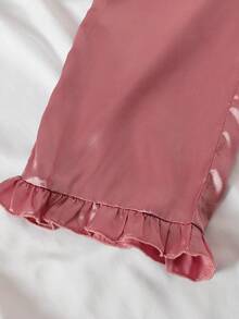 SHEIN 女童休閒日常舒適印花翻領居家服套裝，緞面布料 - 粉色 - 查看 3