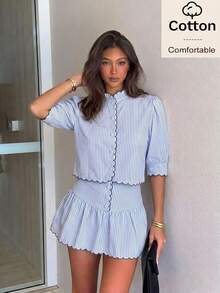 Siren Gaze Women's Colorblock Striped Button-Up Shirt And Ruffle Hem Mini Skirt 2 Pieces Set - Blue and White - View 10