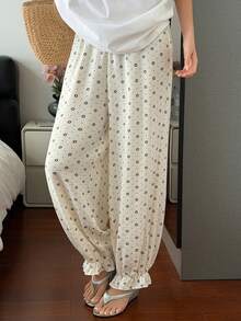 DAZY Summer Autumn Floral & Polka Dot Loose Ruffle Lantern Pants Women's Pajama Bottoms - Beige - View 5